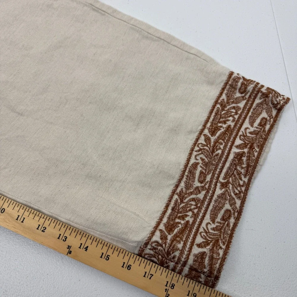 J. Jill Linen Blend Wide Leg Crop Pants Oatmeal Brown Embroidered‎ Hem Large P